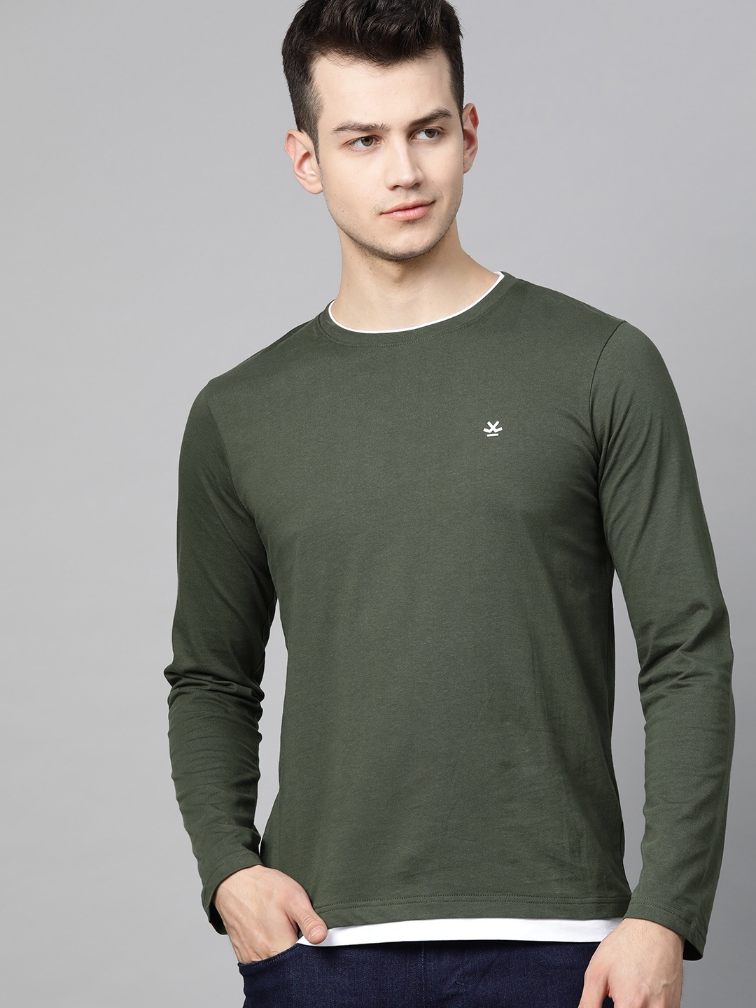 

WROGN Men Olive Green Solid Round Neck Pure Cotton T-shirt