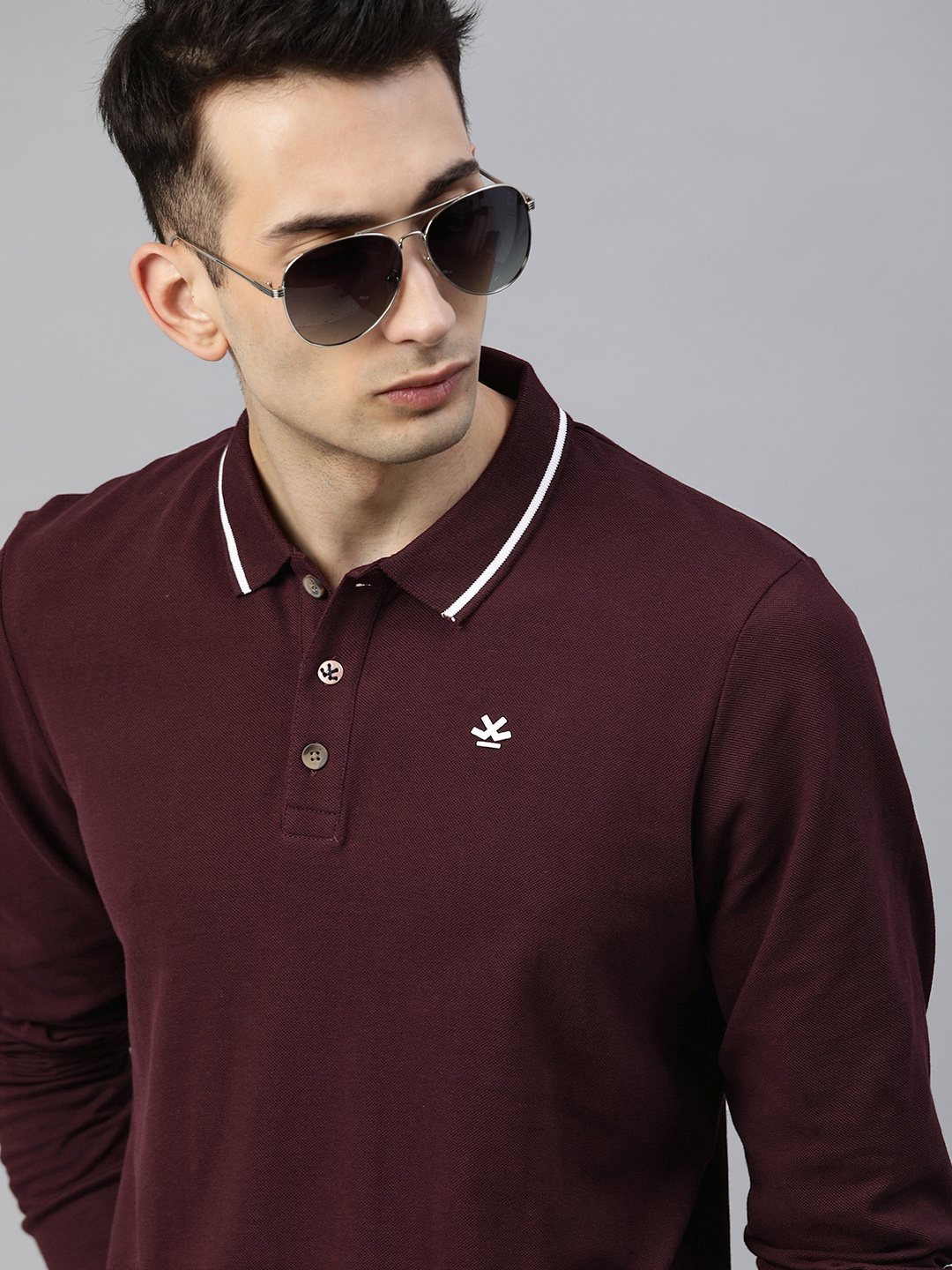 

WROGN Men Burgundy Solid Slim Fit Polo Collar Pure Cotton T-shirt