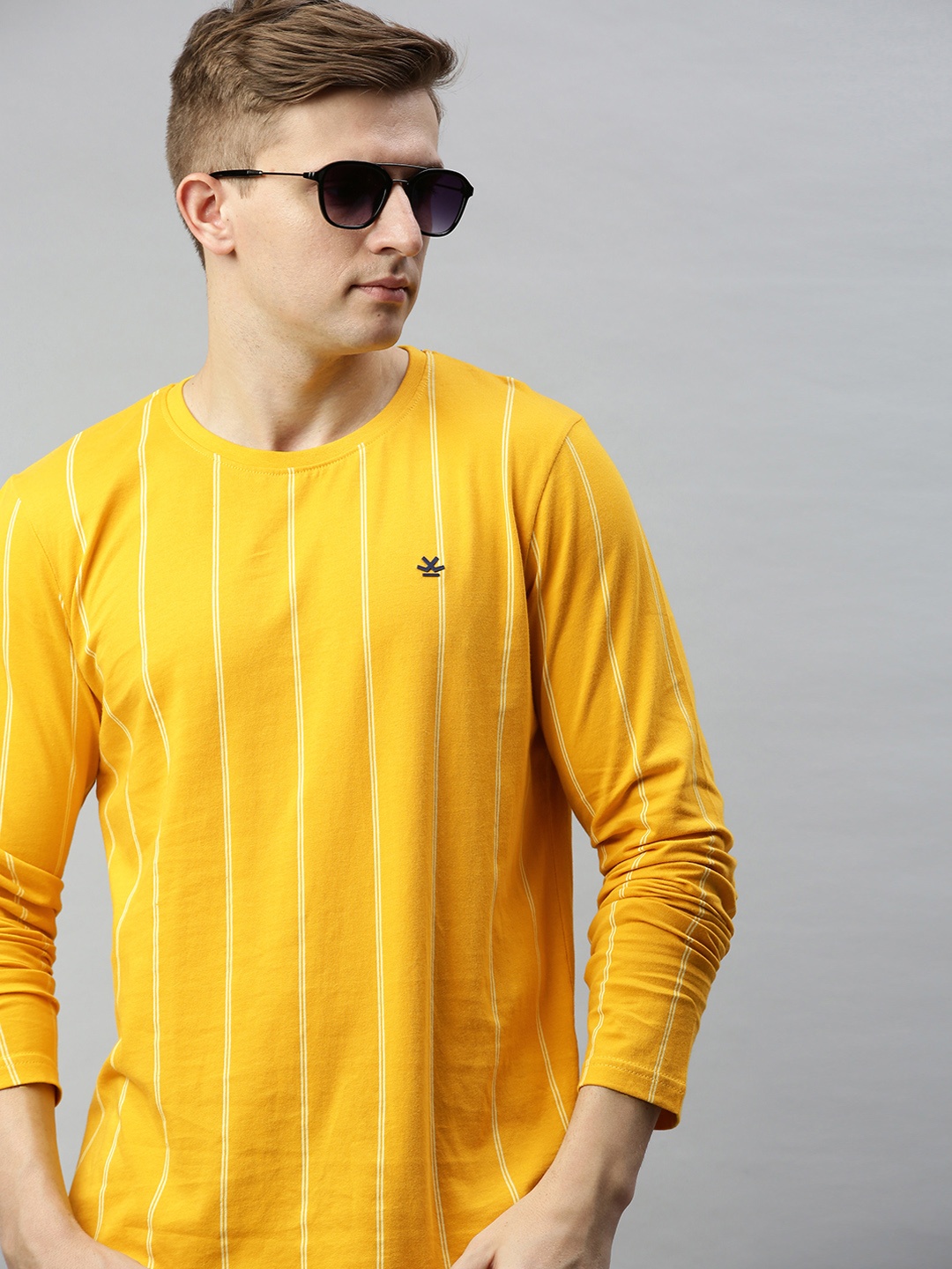 

WROGN Men Yellow Striped Round Neck Pure Cotton T-shirt