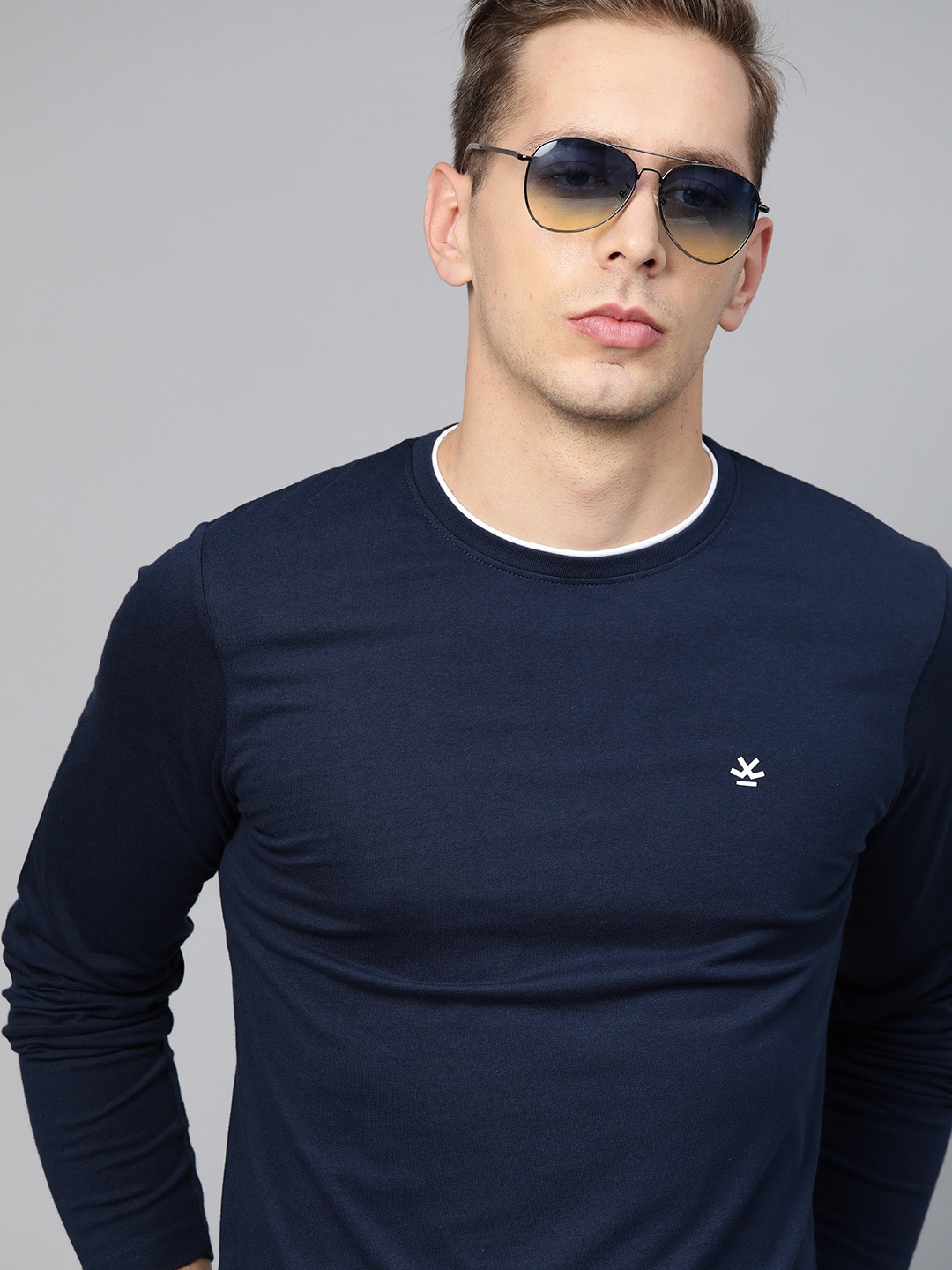 

WROGN Men Navy Blue Slim Fit Cotton Pure Cotton T-shirt