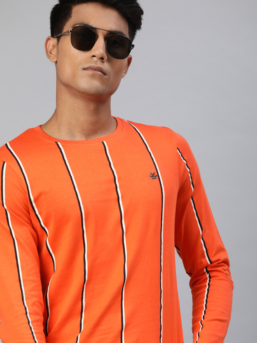 

WROGN Men Rust Orange Black Slim Fit Striped Round Neck Pure Cotton T-shirt