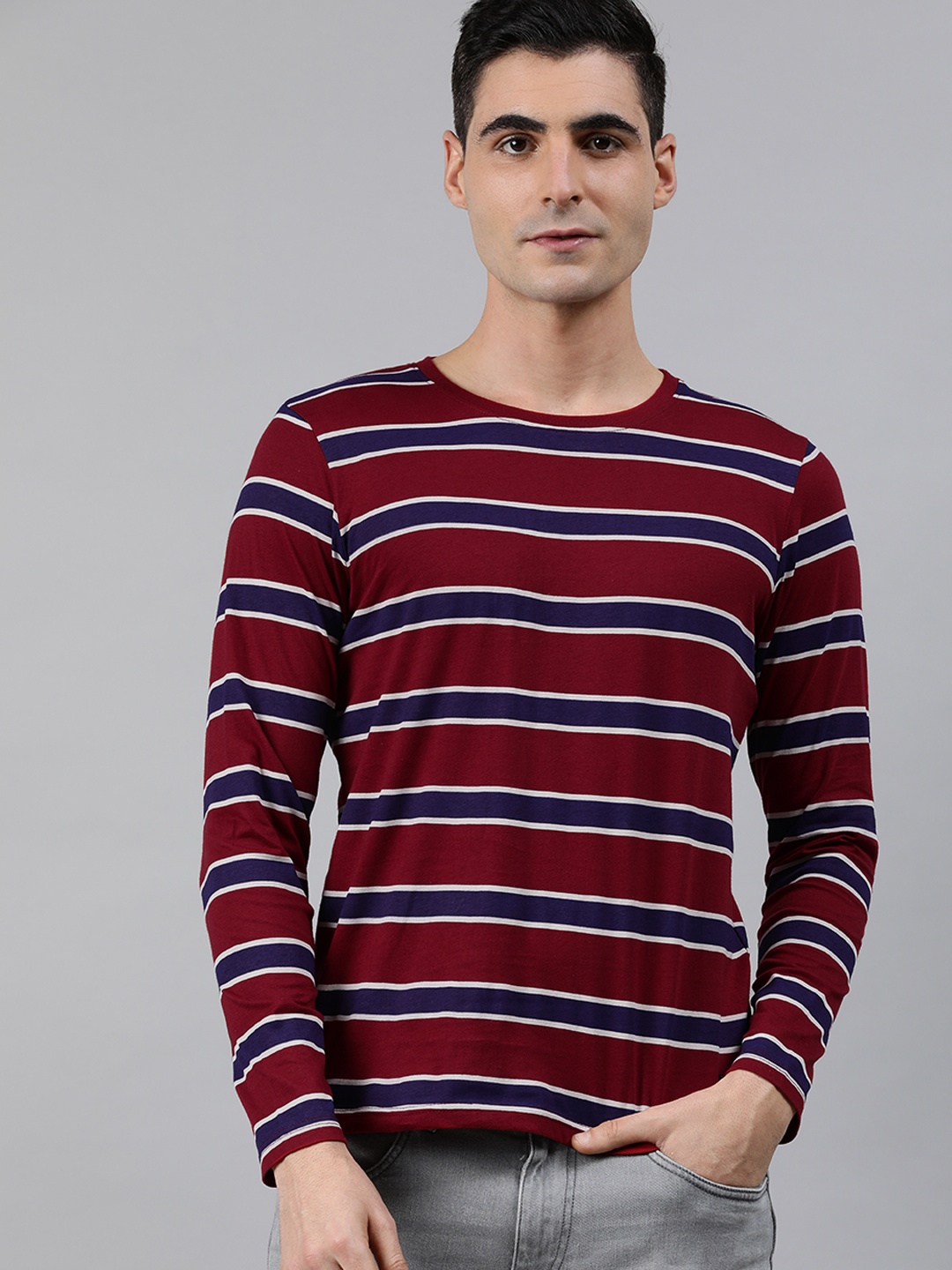 

WROGN Men Maroon Navy Blue Striped Round Neck Pure Cotton T-shirt