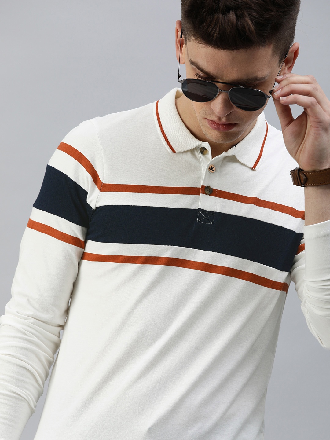 

WROGN Men White Striped Polo Collar T-shirt