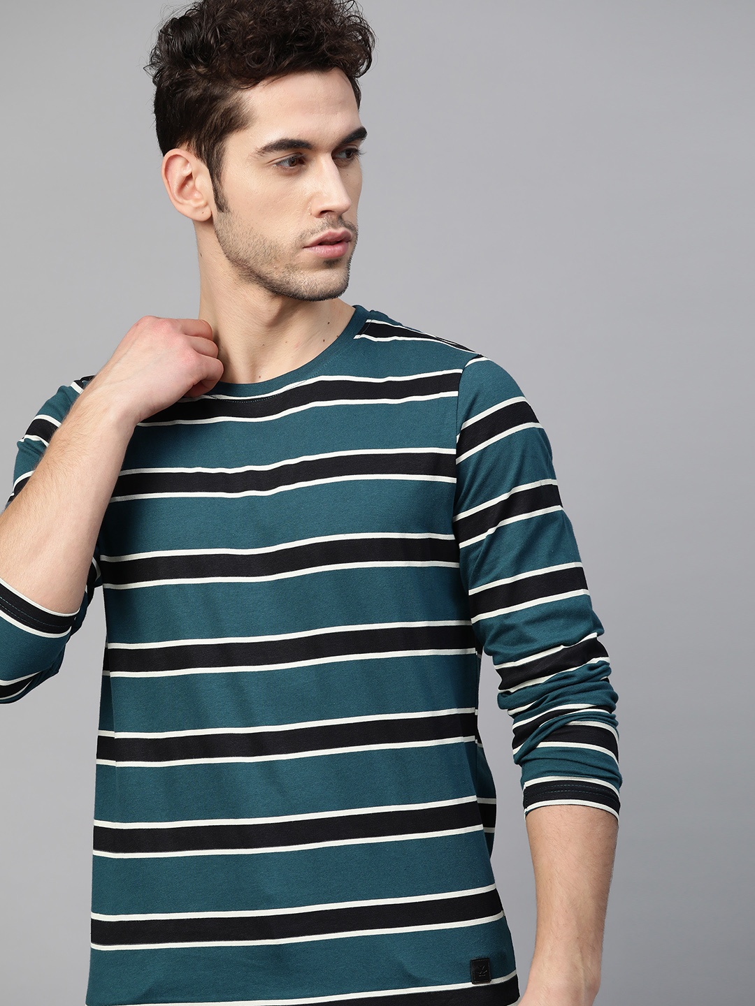

WROGN Men Teal Striped Round Neck Pure Cotton T-shirt