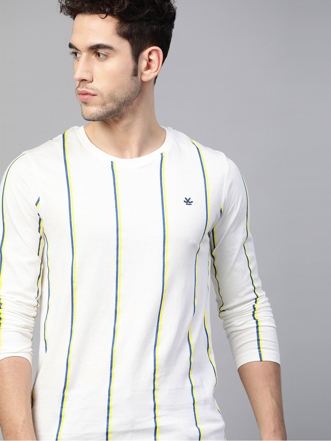 

WROGN Men White Striped Round Neck Pure Cotton T-shirt