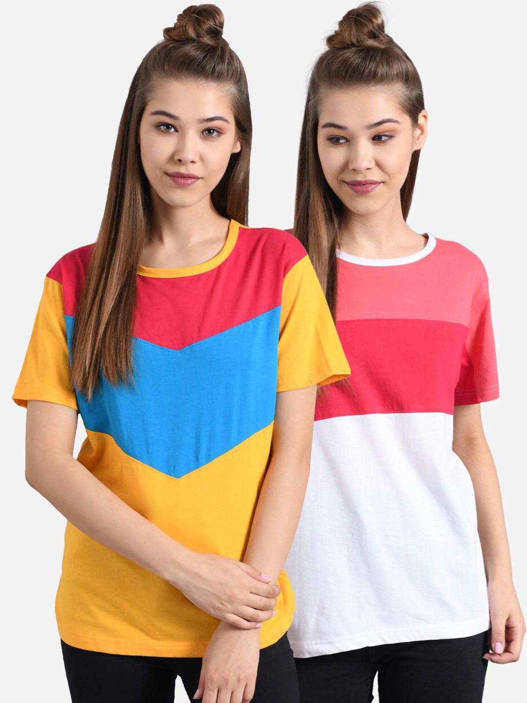 

Kotty Women Pack Of 2 Colourblocked Round Neck T-shirts, Yellow