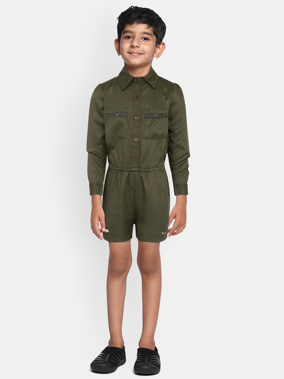

Pepe Jeans Girls Olive Green Solid Playsuit with Embellished Detail