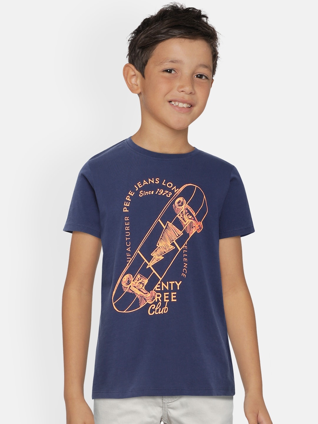 

Pepe Jeans Boys Blue Orange Printed VICTORSS Round Neck Pure Cotton T-shirt