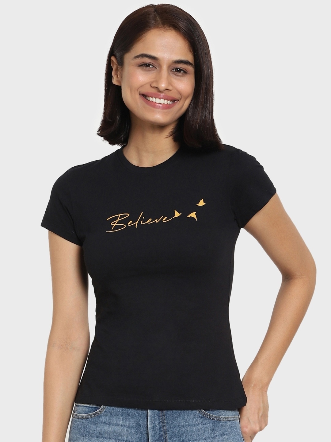 

Bewakoof Women Black Printed Round Neck Slim Fit T-shirt