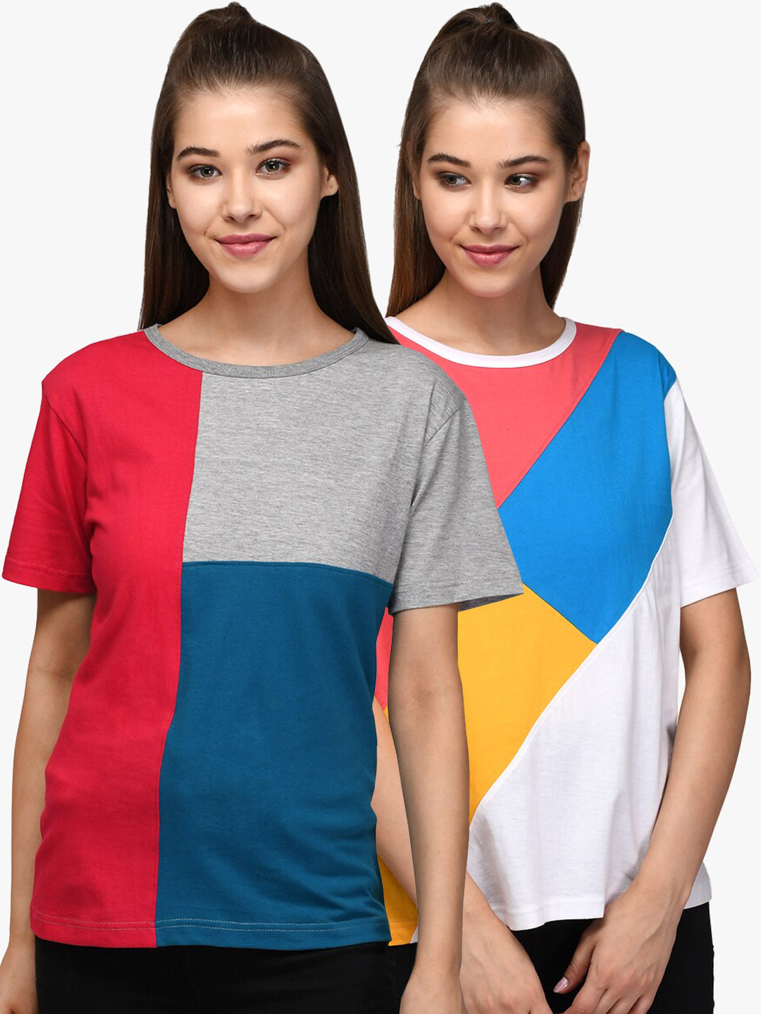 

Kotty Women Pack Of 2 Colourblocked Round Neck T-shirt, White