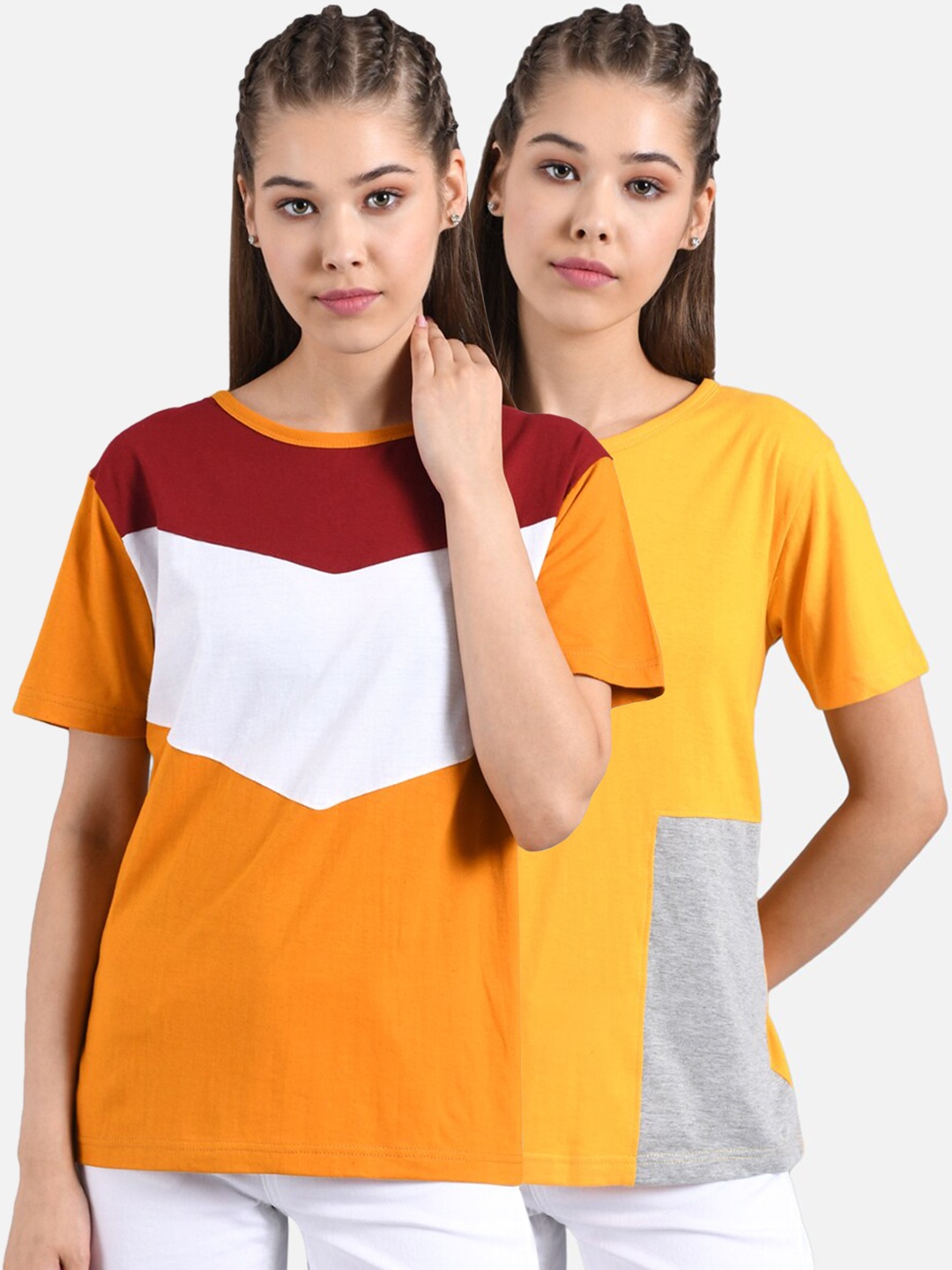 

Kotty Women Set of 2 Colourblocked Round Neck T-shirts, Yellow