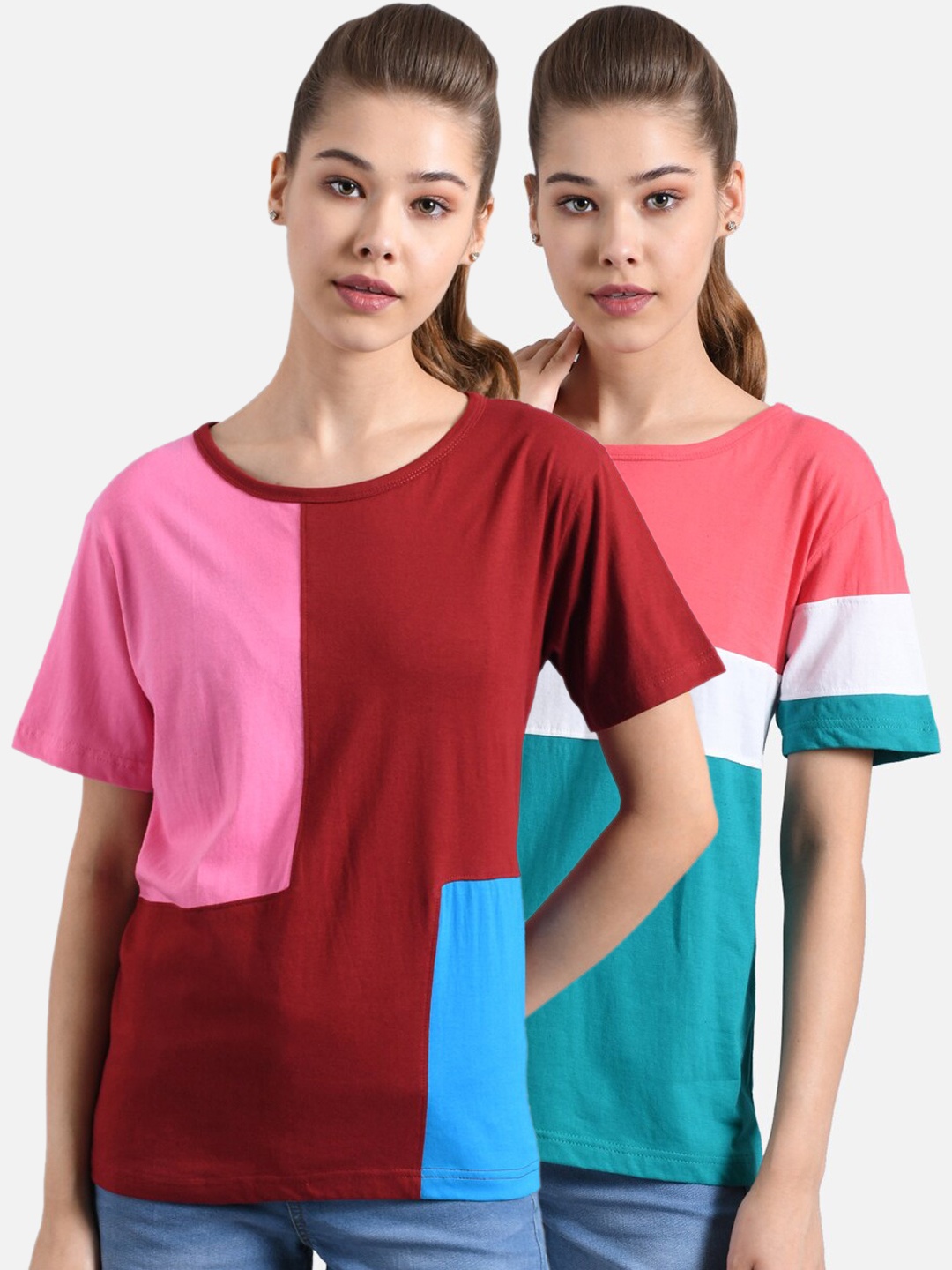 

Kotty Women Multicoloured Pack of 2 Colourblocked Round Neck T-shirt, Multi