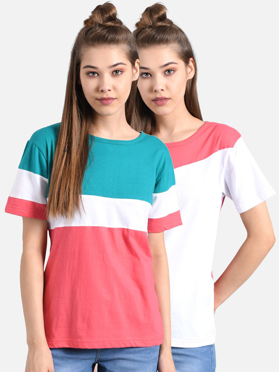 

Kotty Women Pack Of 2 Multicoloured Colourblocked Round Neck T-shirts, Multi