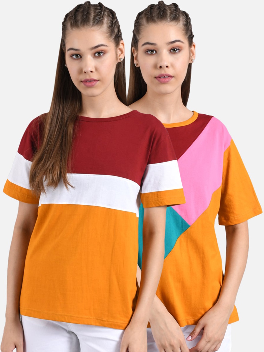 

Kotty Women Set Of 2 Colourblocked Round Neck T-shirts, Maroon