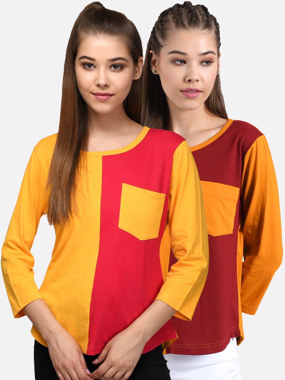 

Kotty Women Pack Of 2 Colourblocked Round Neck T-shirt, Yellow