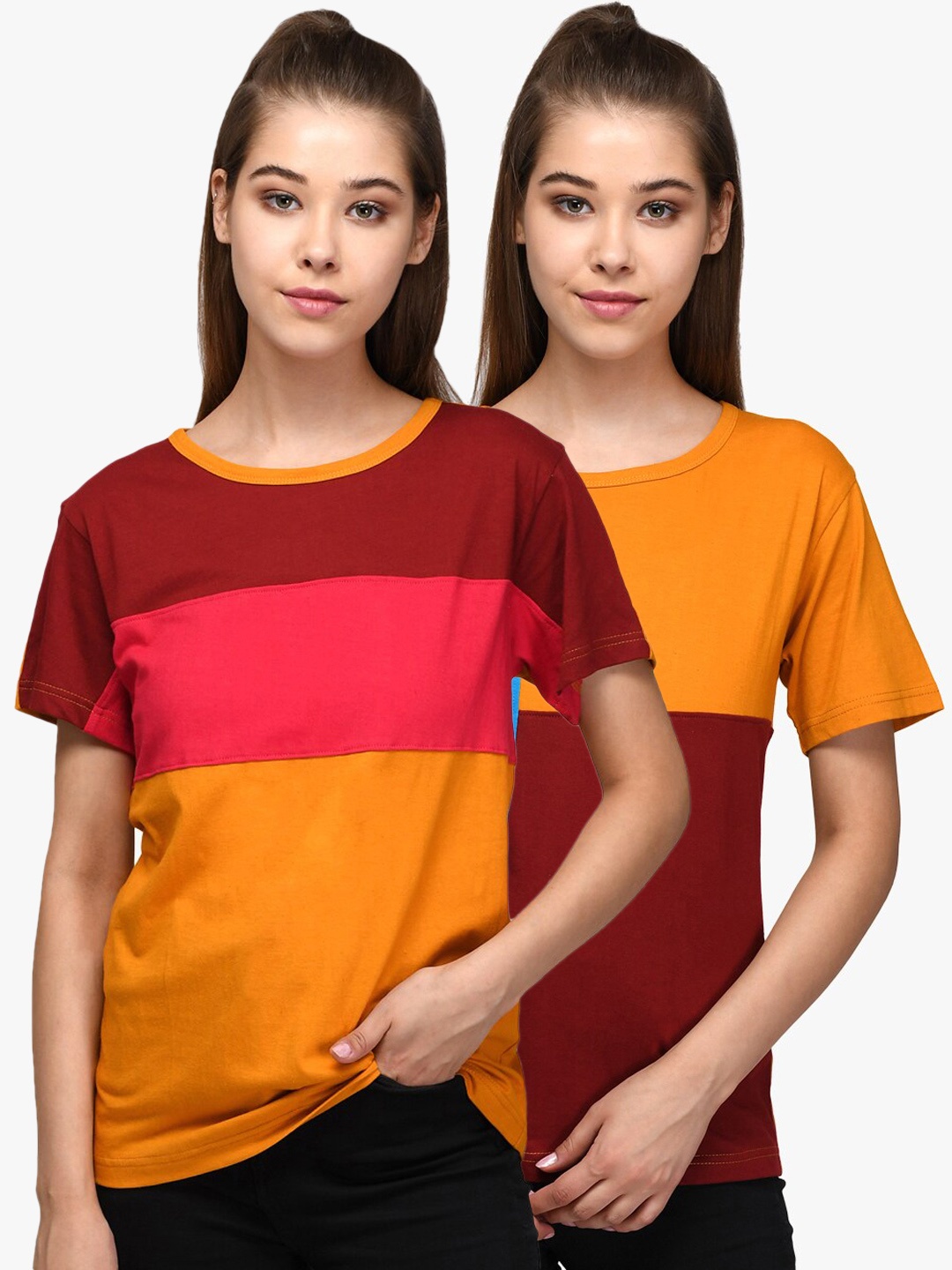 

Kotty Women Pack of 2 Colourblocked Round Neck Pure Cotton T-shirts, Multi