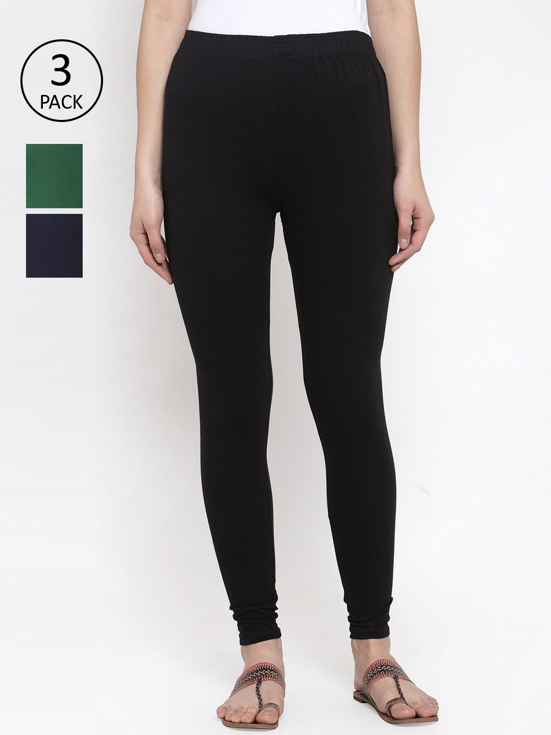 

TAG 7 Women Pack Of 3 Solid Churidar-Length Leggings, Black