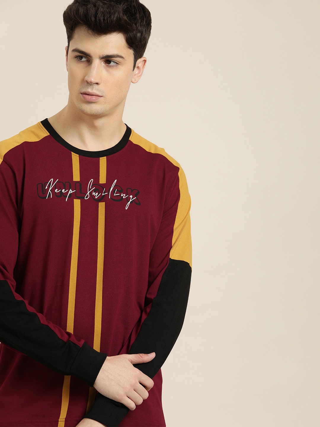 

Moda Rapido Men Maroon Mustard Yellow Printed Round Neck Pure Cotton T-shirt