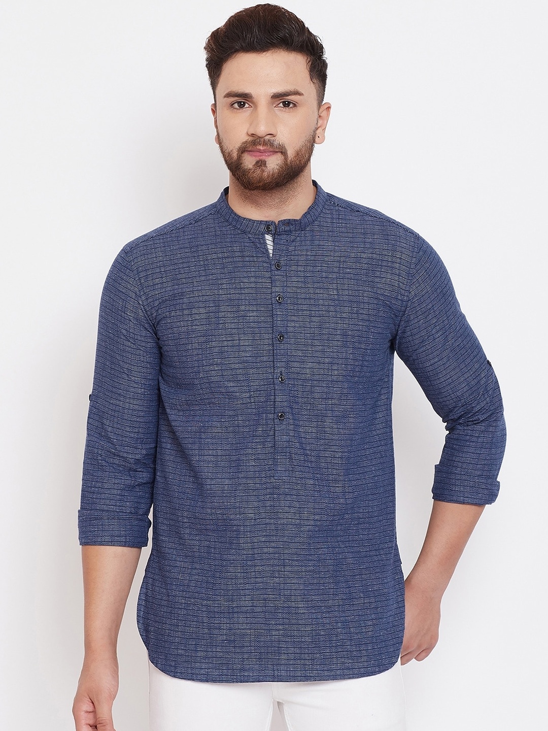 

even Men Navy Blue Striped Straight Kurta
