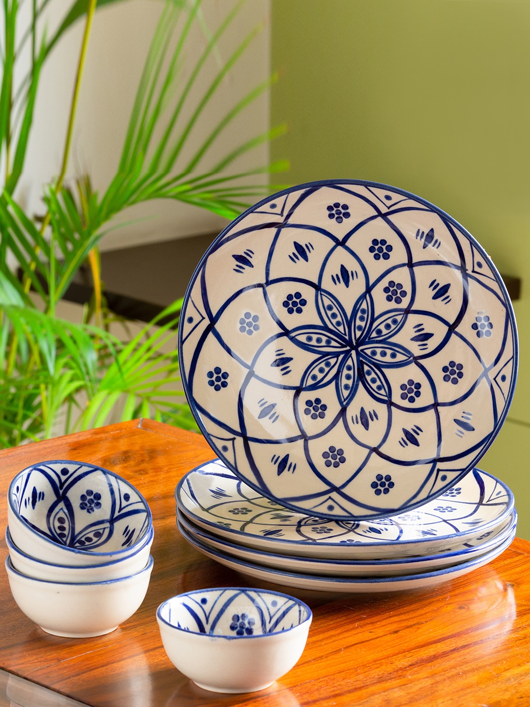 

ExclusiveLane Set Of 8 Floral Hand-Painted Studio Pottery Ceramic Dinner Plates With Bowls, White