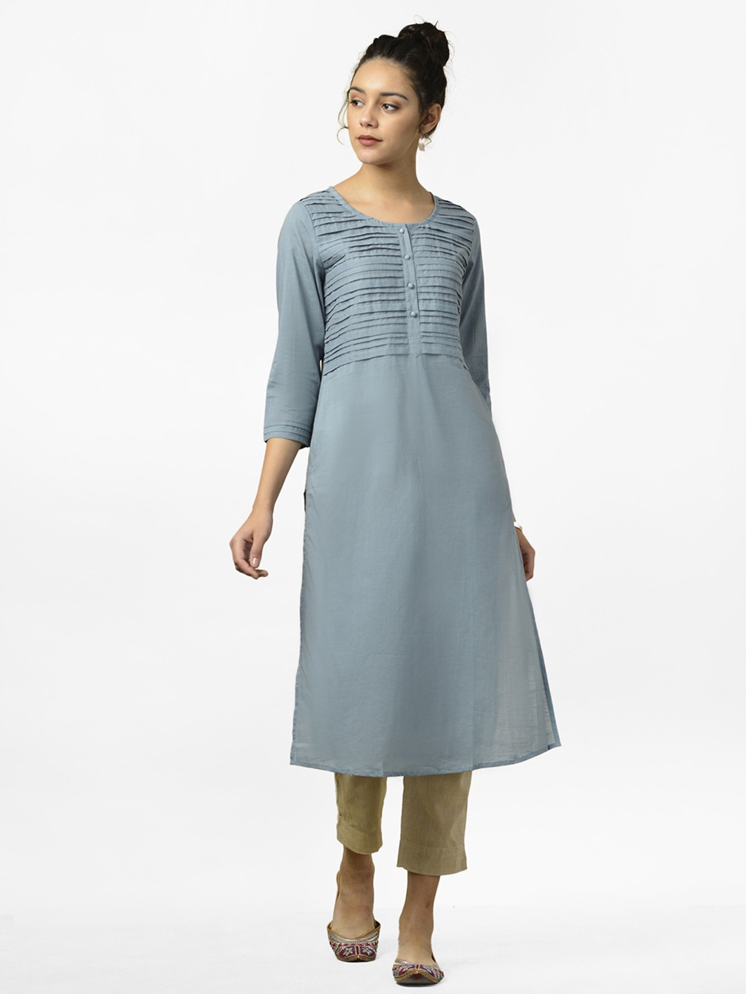 

Fabindia Women Blue Pintuck Solid Straight Kurta