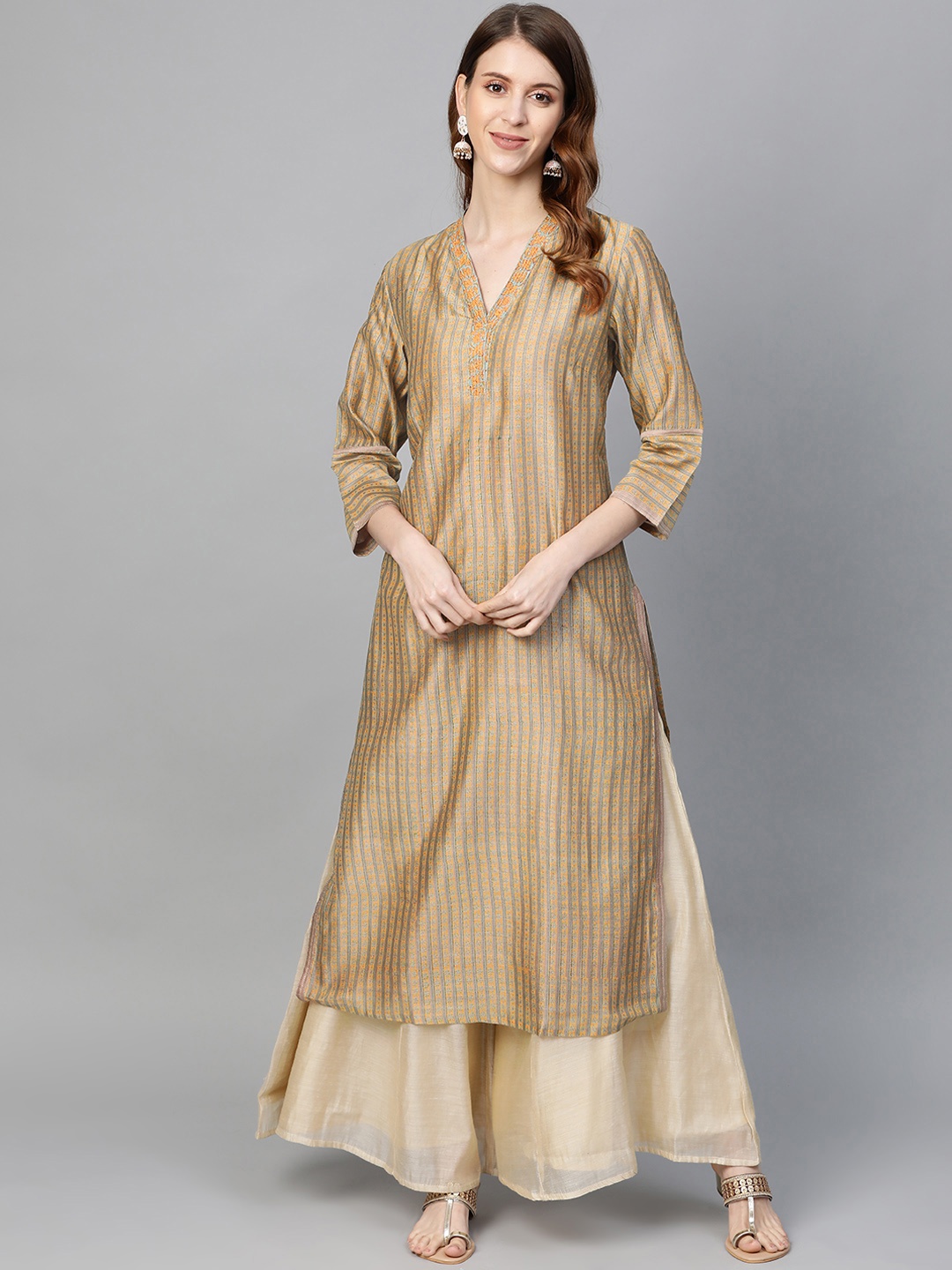 

Fabindia Women Mustard Yellow & Grey Striped Straight Kurta