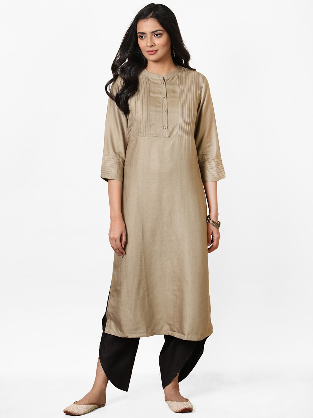 

Fabindia Women Beige Pintuck Solid Straight Kurta