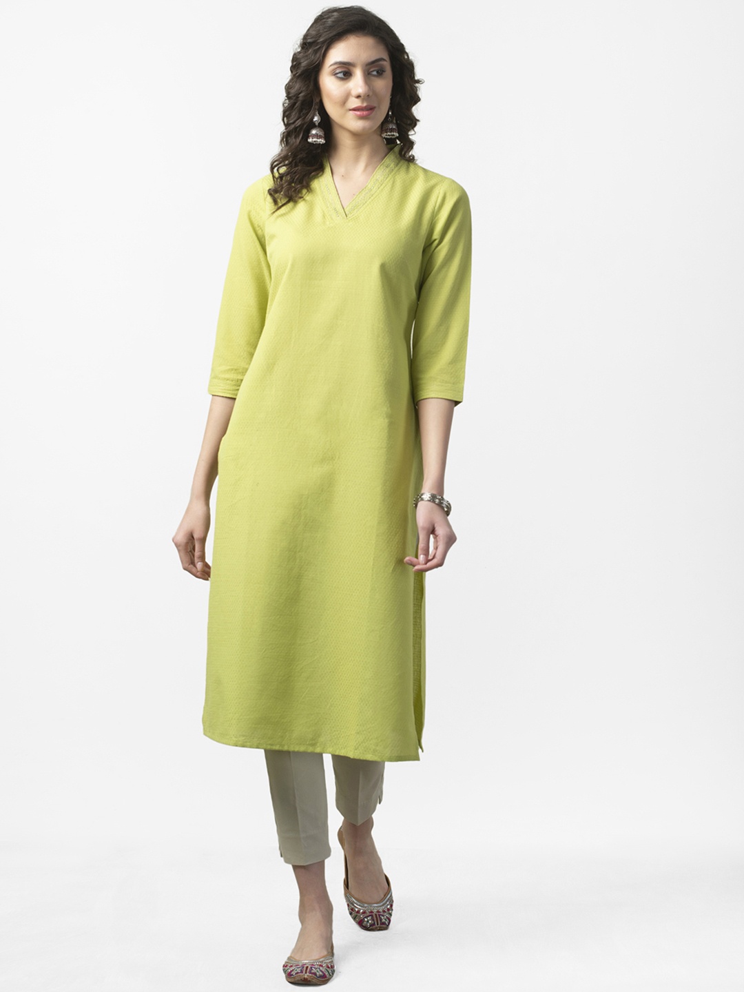 

Fabindia Women Lime Green Dobby Weave Woven Design Straight Kurta