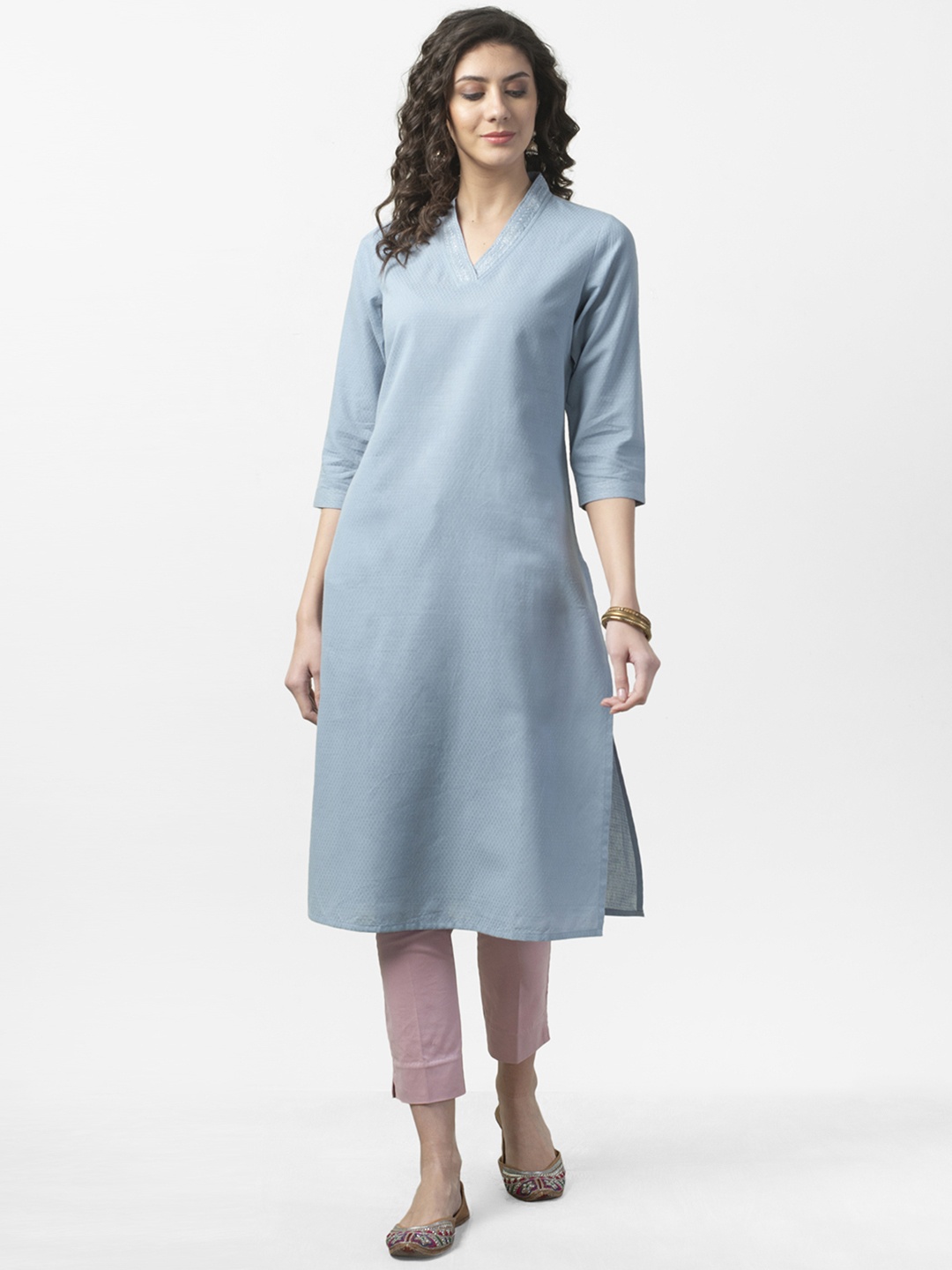 

Fabindia Women Blue Dobby Weave Woven Design Straight Kurta