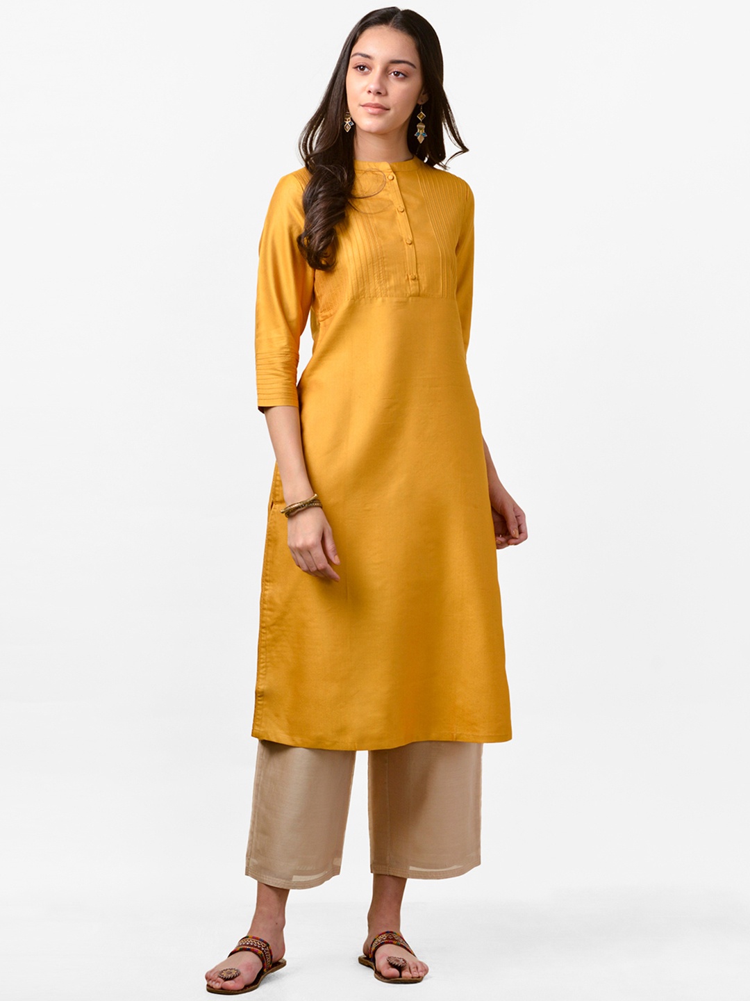 

Fabindia Women Mustard Yellow Pintuck Solid Straight Kurta