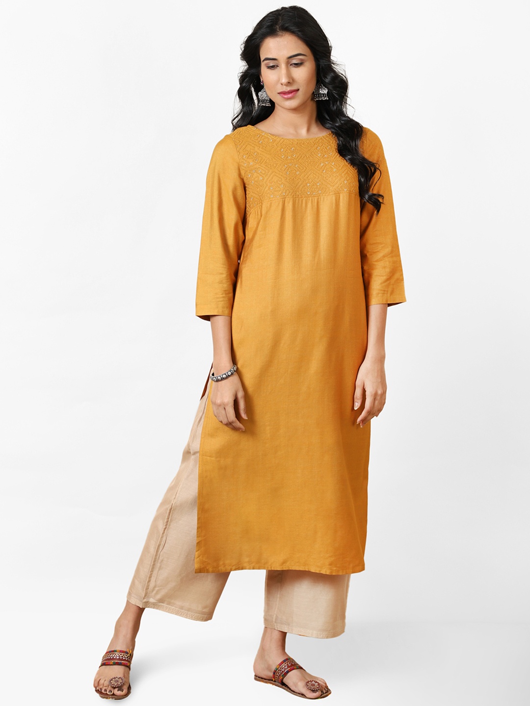 

Fabindia Women Mustard Yellow Yoke Design Detail Slim Fit Straight Kurta