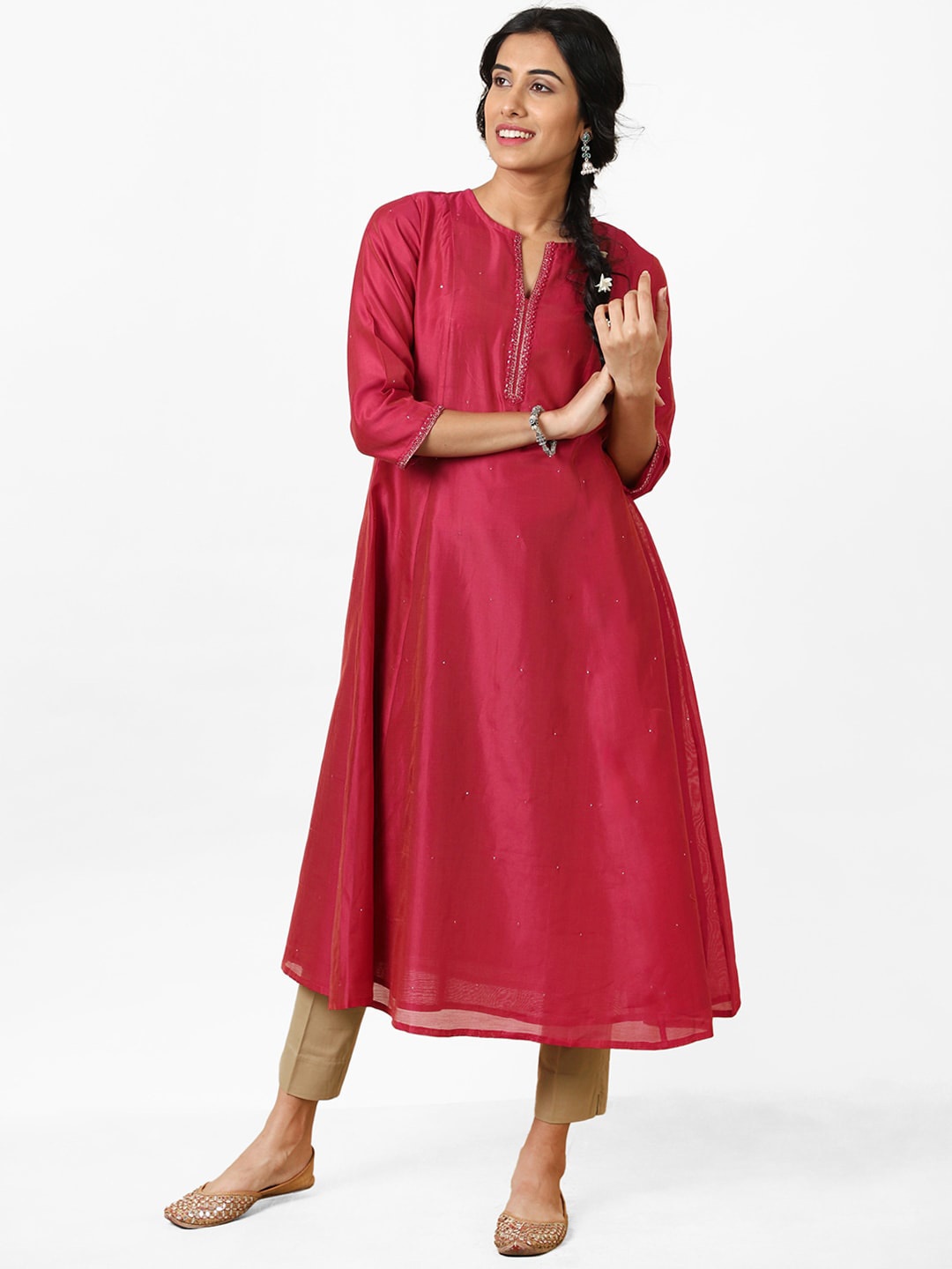 

Fabindia Women Pink Mukaish Work Slim Fit A-Line Kurta