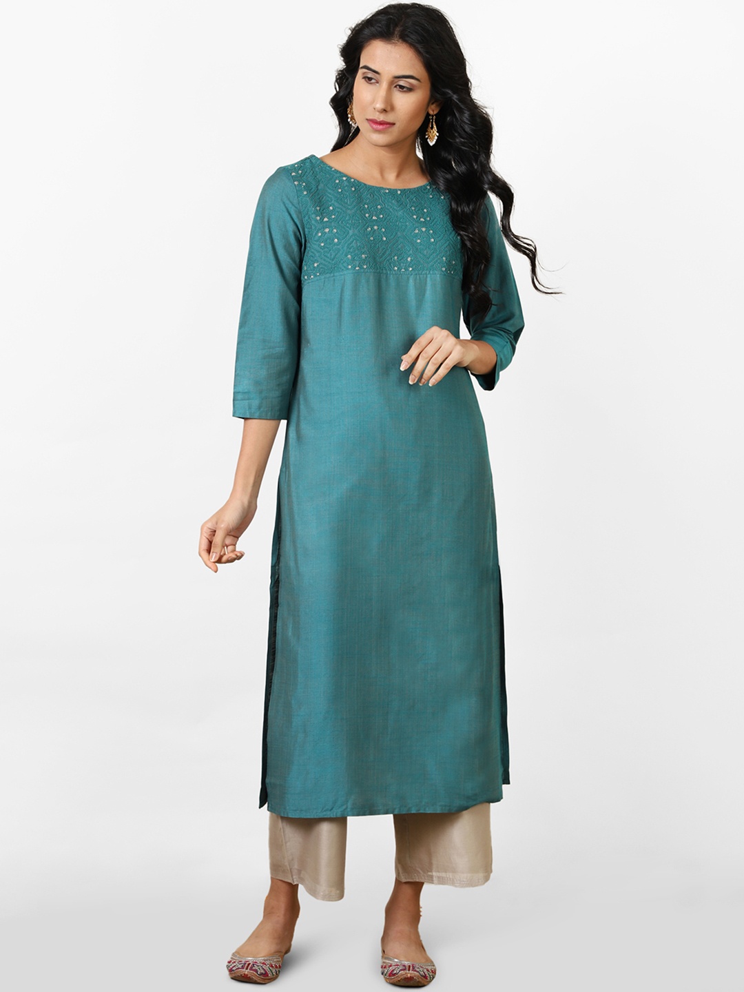 

Fabindia Women Teal Green Yoke Design Detail Slim Fit Straight Kurta