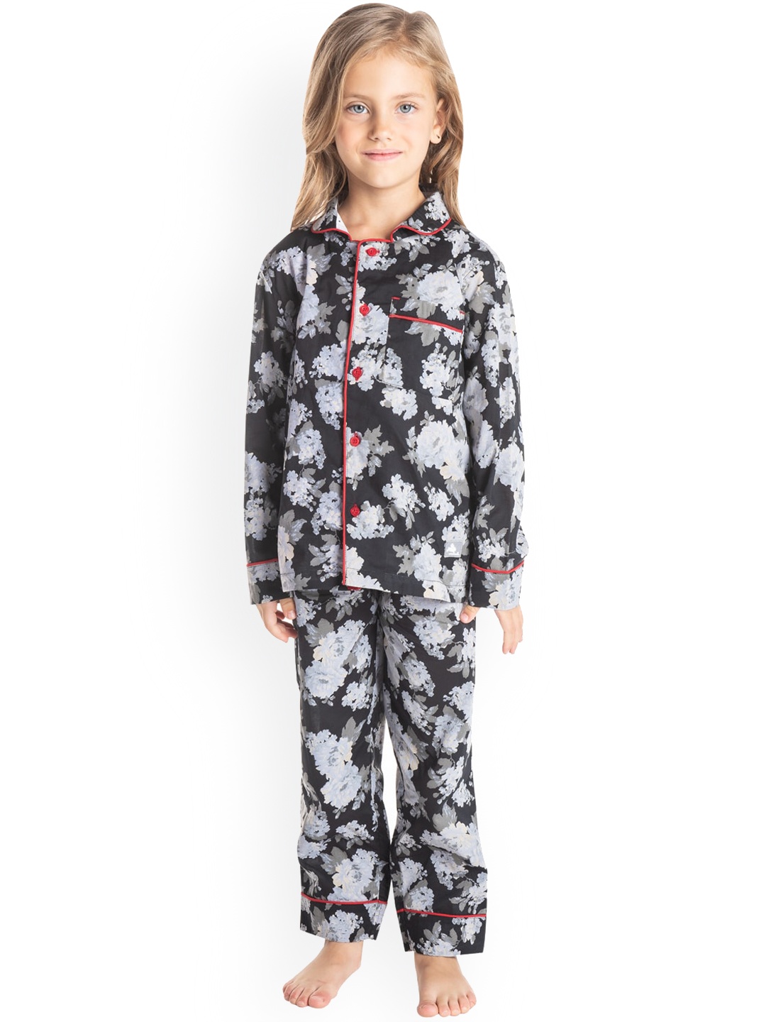 

Cherry Crumble Girls Black & White Floral Printed Night suit