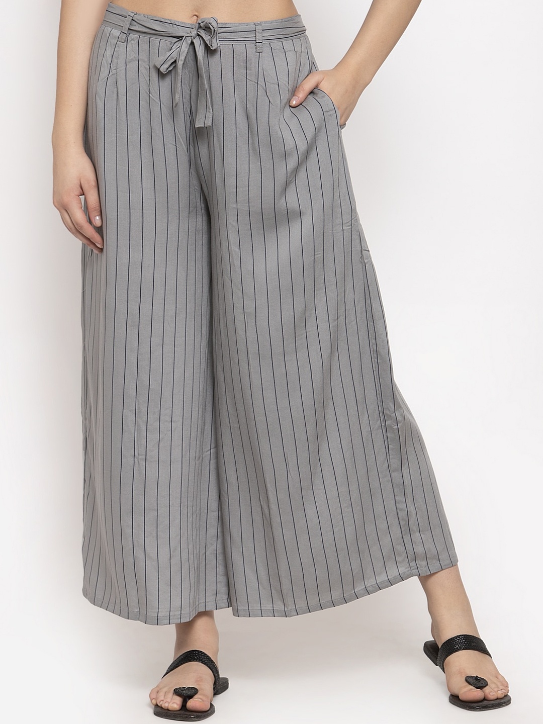 

Clora Creation Women Grey Striped Wide Leg Palazzos