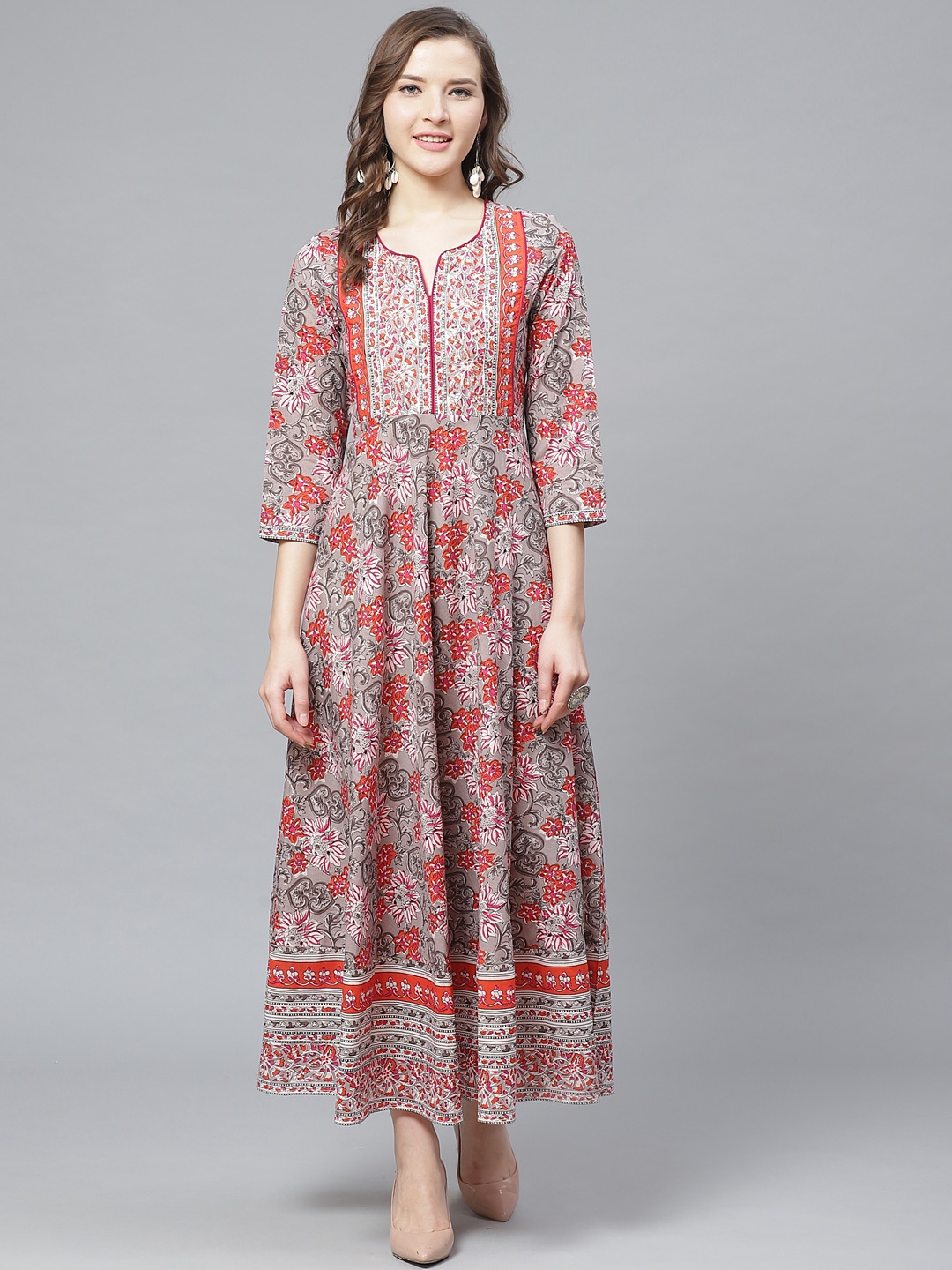 

Rain & Rainbow Women Grey & Orange Sequinned Floral Printed Maxi Dress