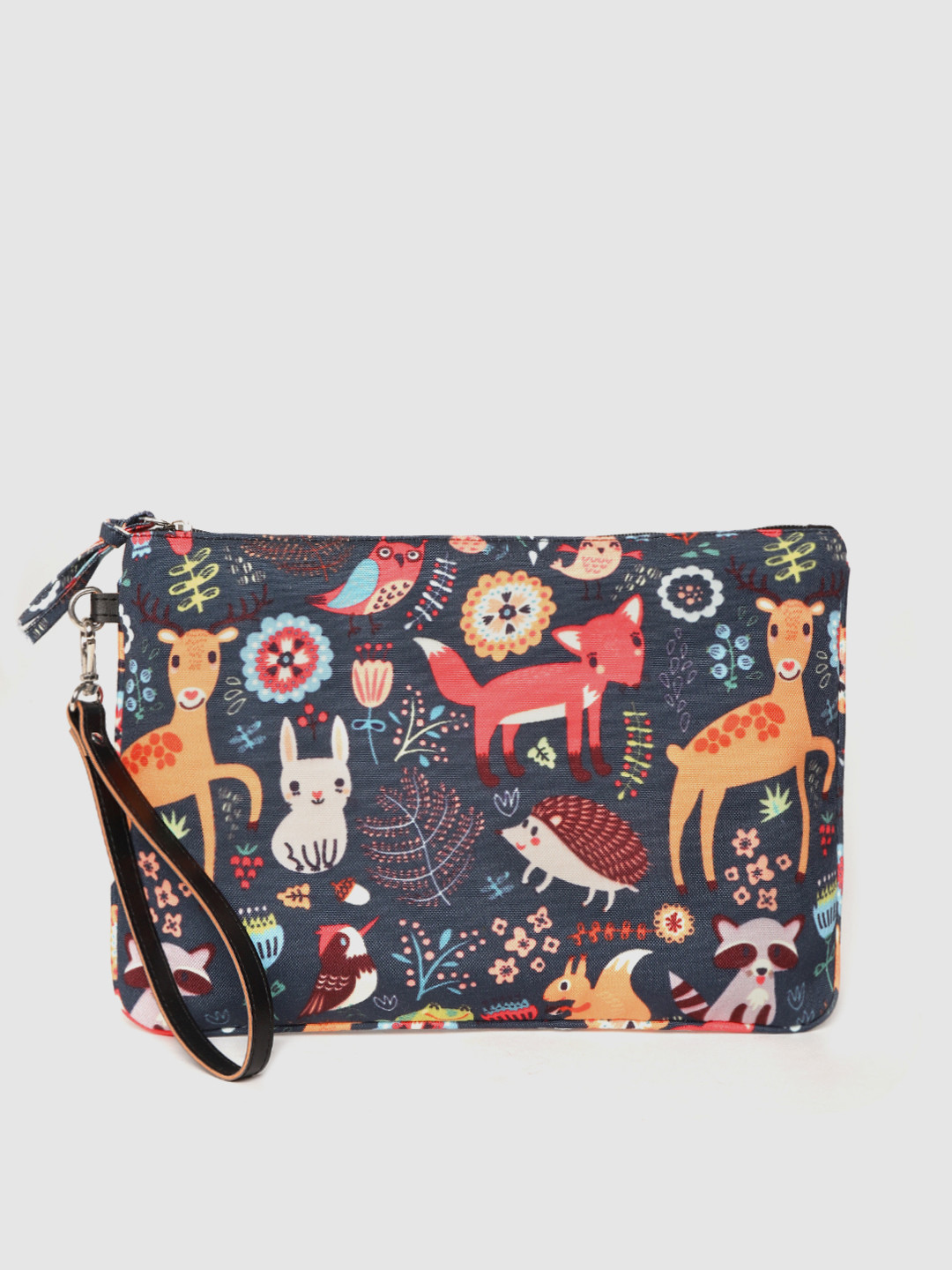 

Anekaant Women Navy Blue & Orange Conversastional Print Cosmetic Pouch With Wrist Loop