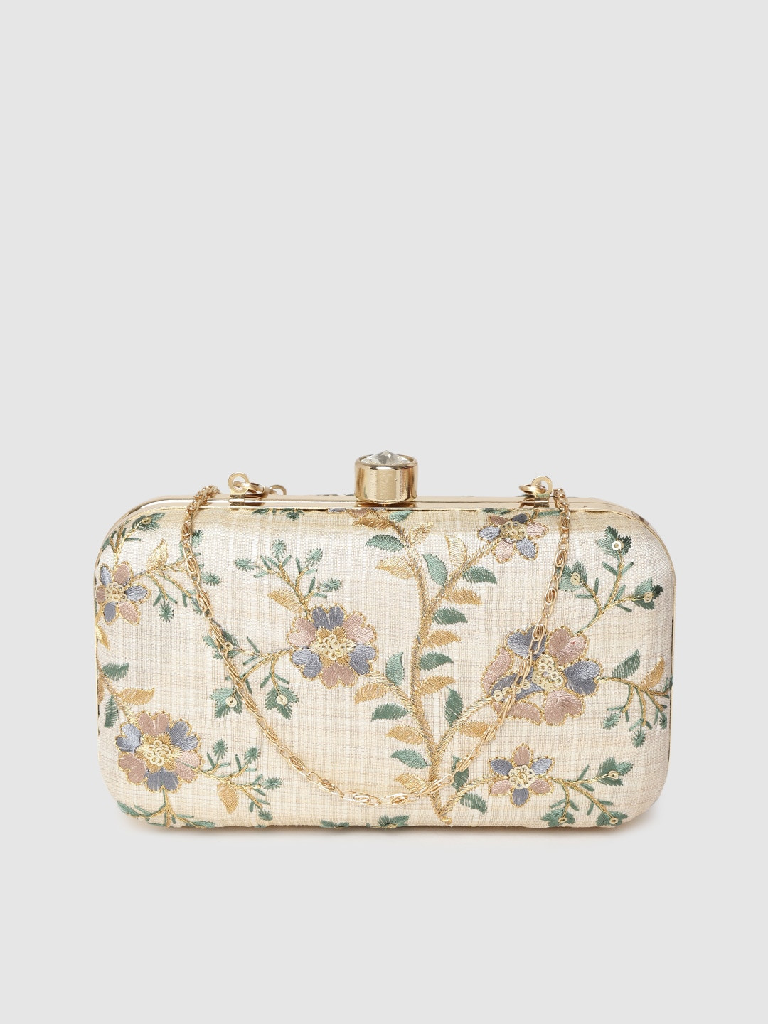 

Anekaant Beige & Green Floral Embroidered Box Clutch
