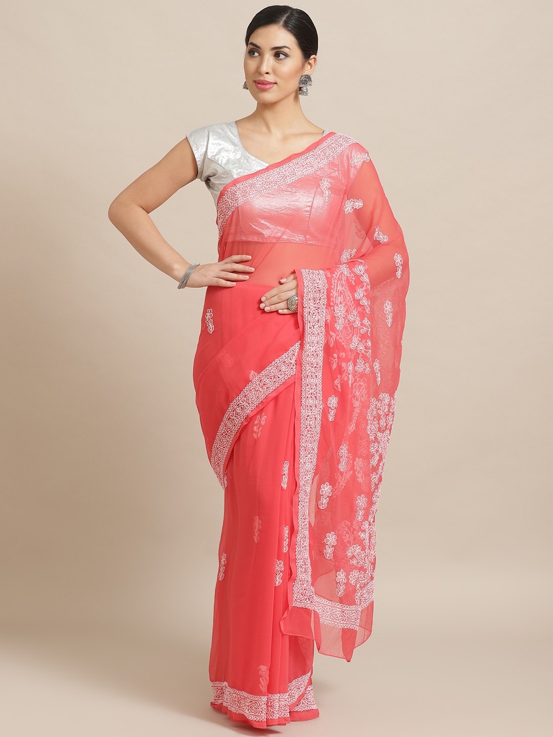

ADA Coral Red & White Chikankari Hand Embroidered Sustainable Saree