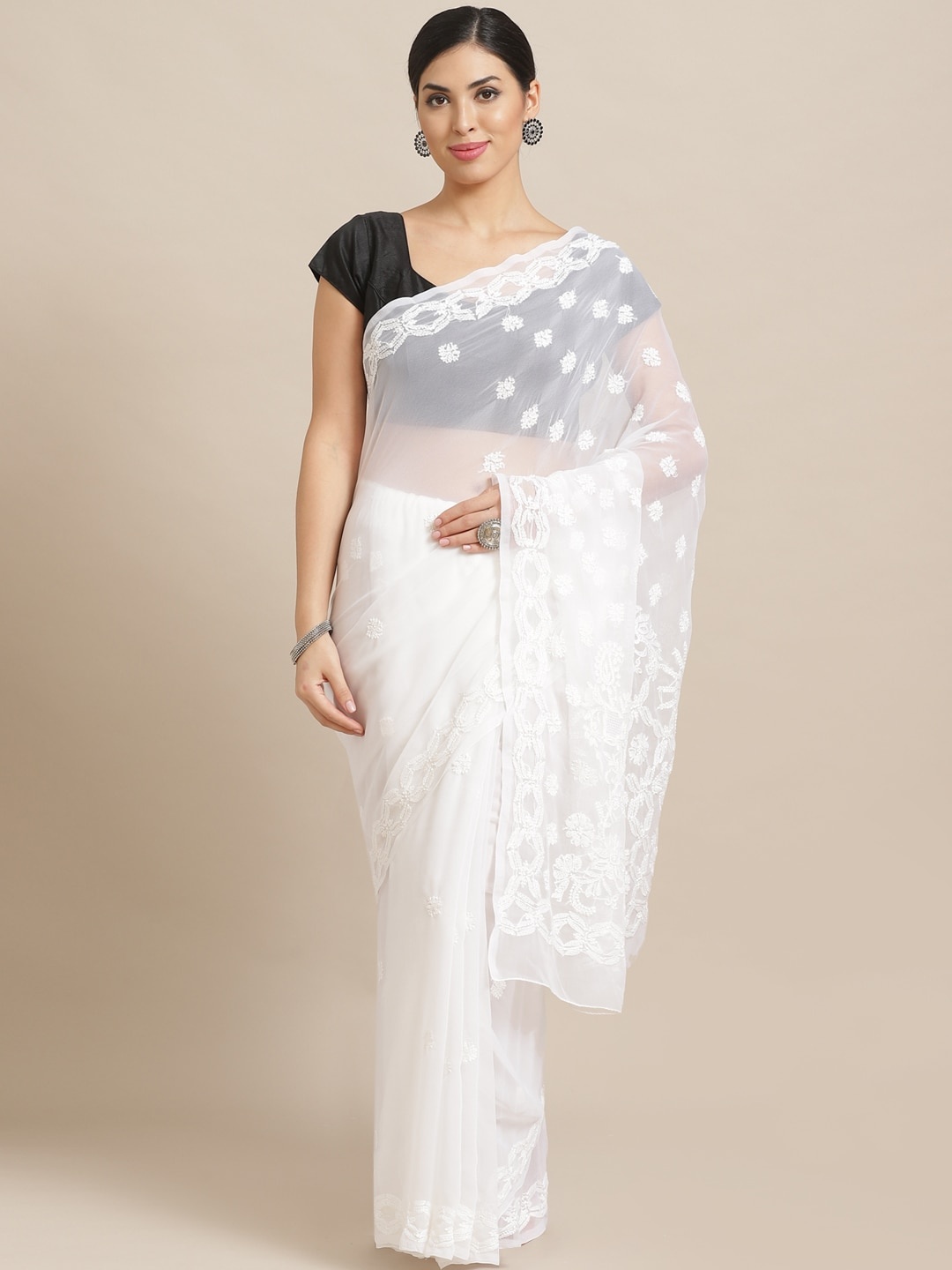 

ADA White Chikankari Hand Embroidered Sustainable Handloom Saree