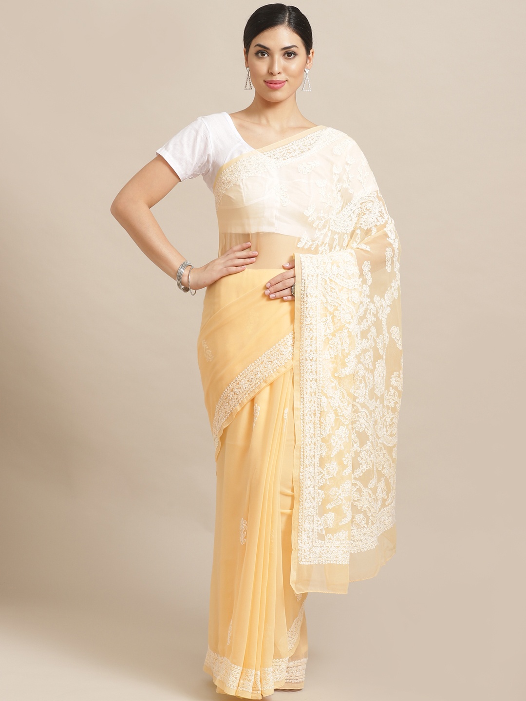 

ADA Beige & White Chikankari Embroidered Sustainable Handloom Saree