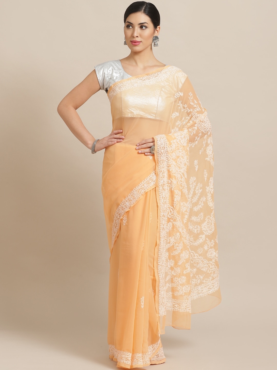 

ADA Peach-Coloured & White Poly Georgette Embroidered Sustainable Handloom Saree