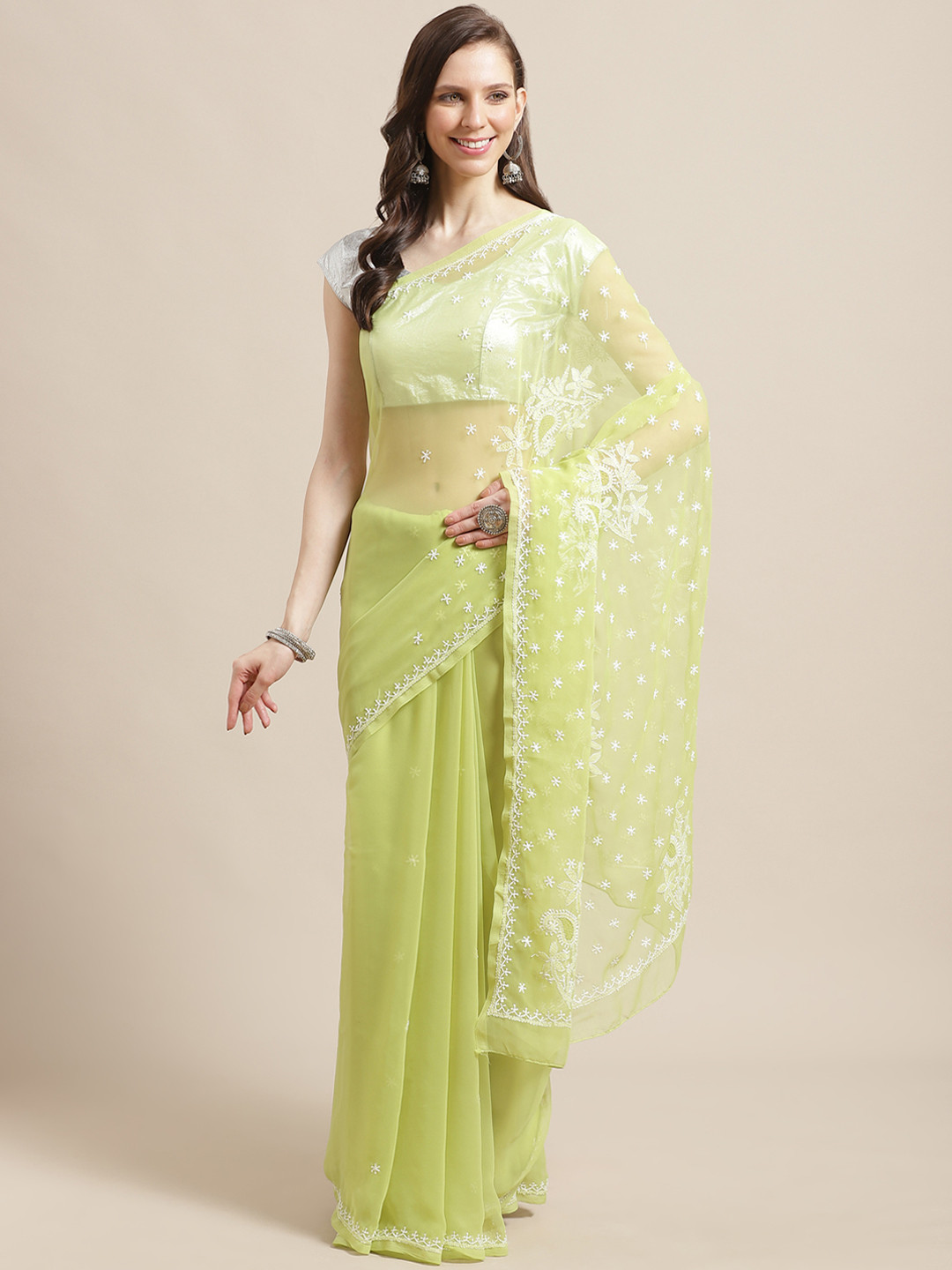 

ADA Green & White Chikankari Embroidered Handloom Saree