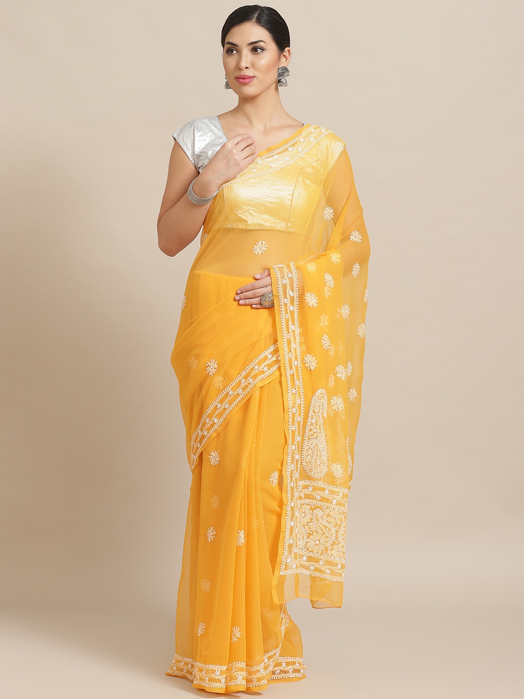 

ADA Mustard Yellow & White Chikankari Hand Embroidered Sustainable Handloom Saree