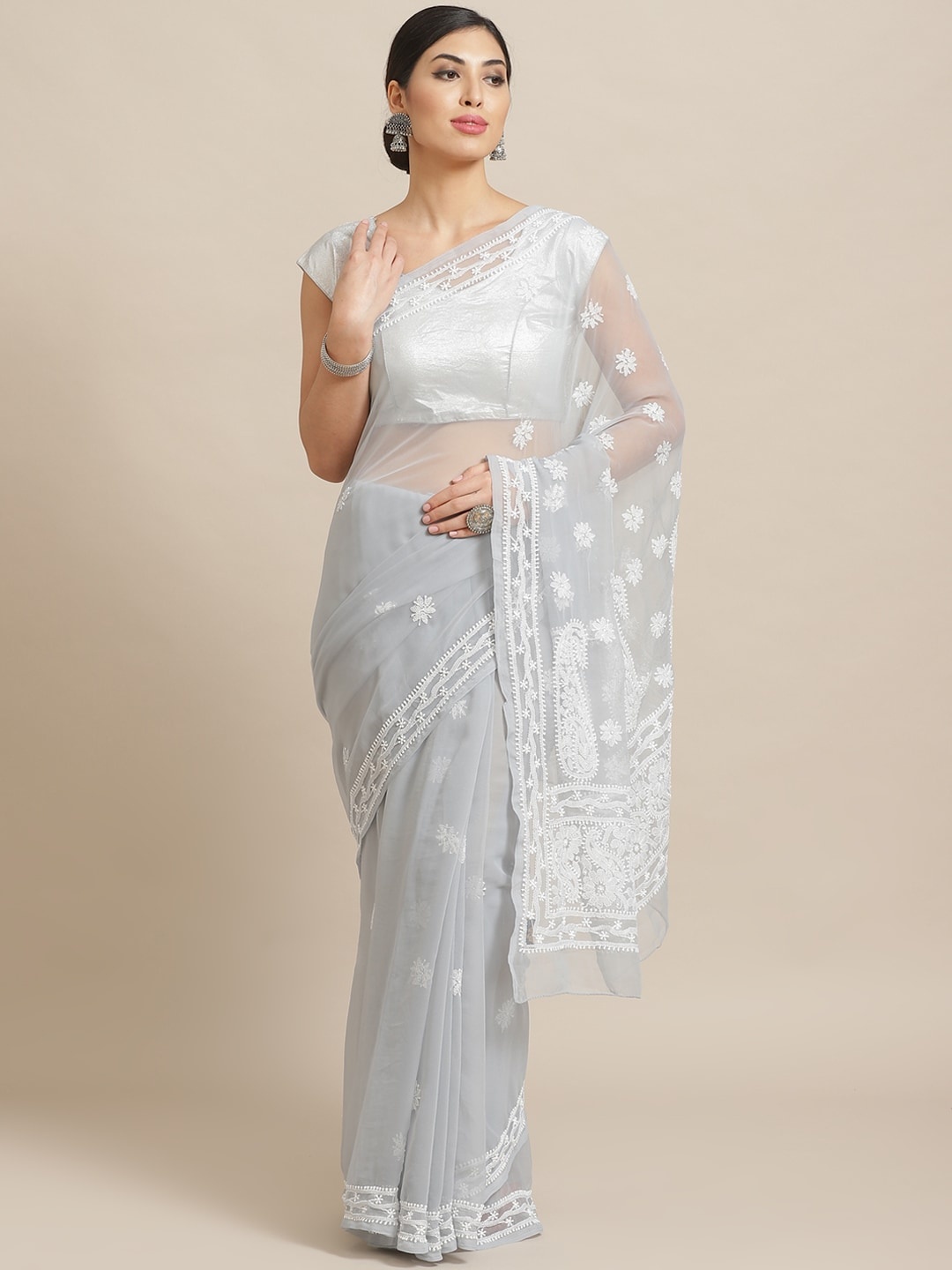 

ADA Grey & White Chikankari Embroidered Sustainable Saree