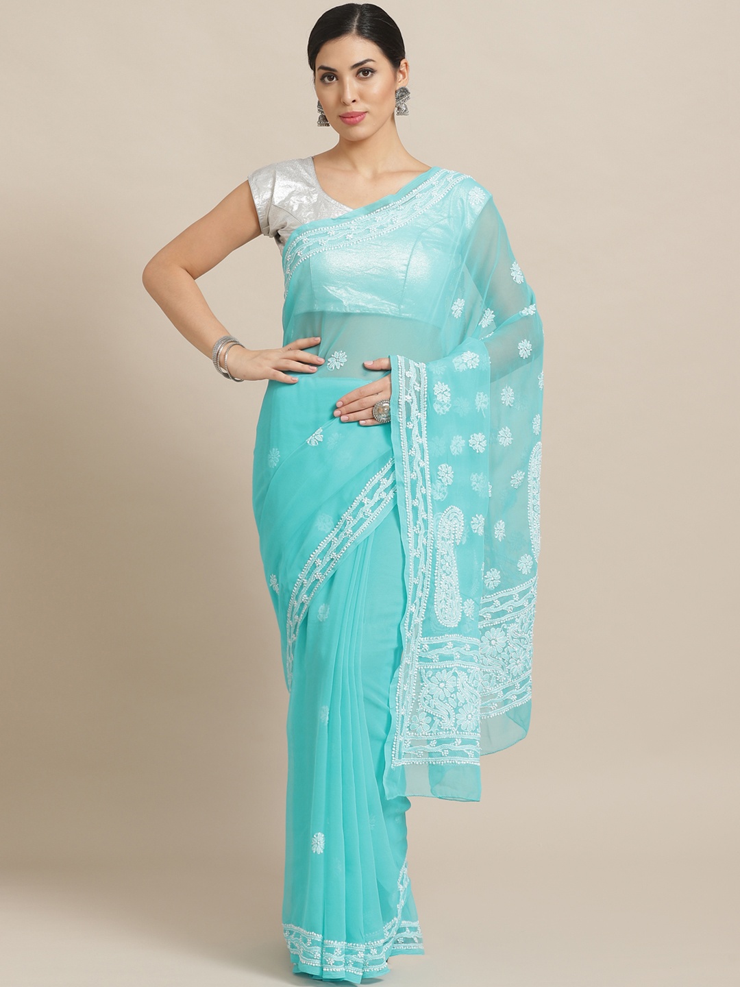 

ADA Blue & White Chikankari Embroidered Saree