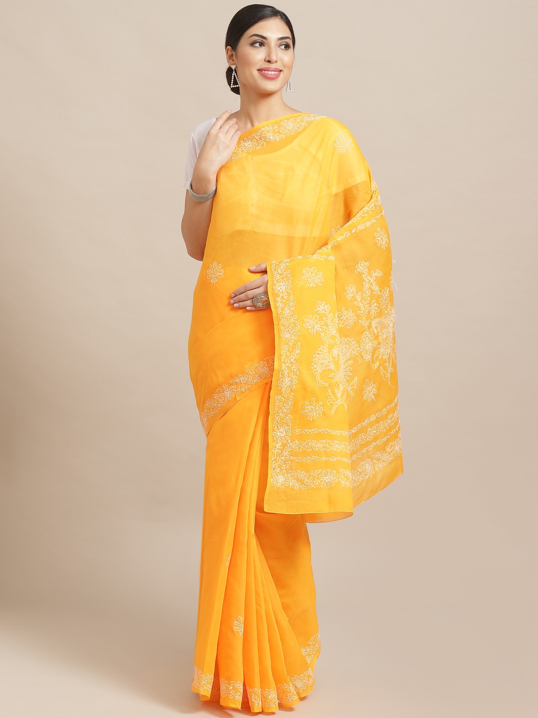 

ADA Mustard Yellow & White Pure Cotton Chikankari Embroidered Sustainable Handloom Saree