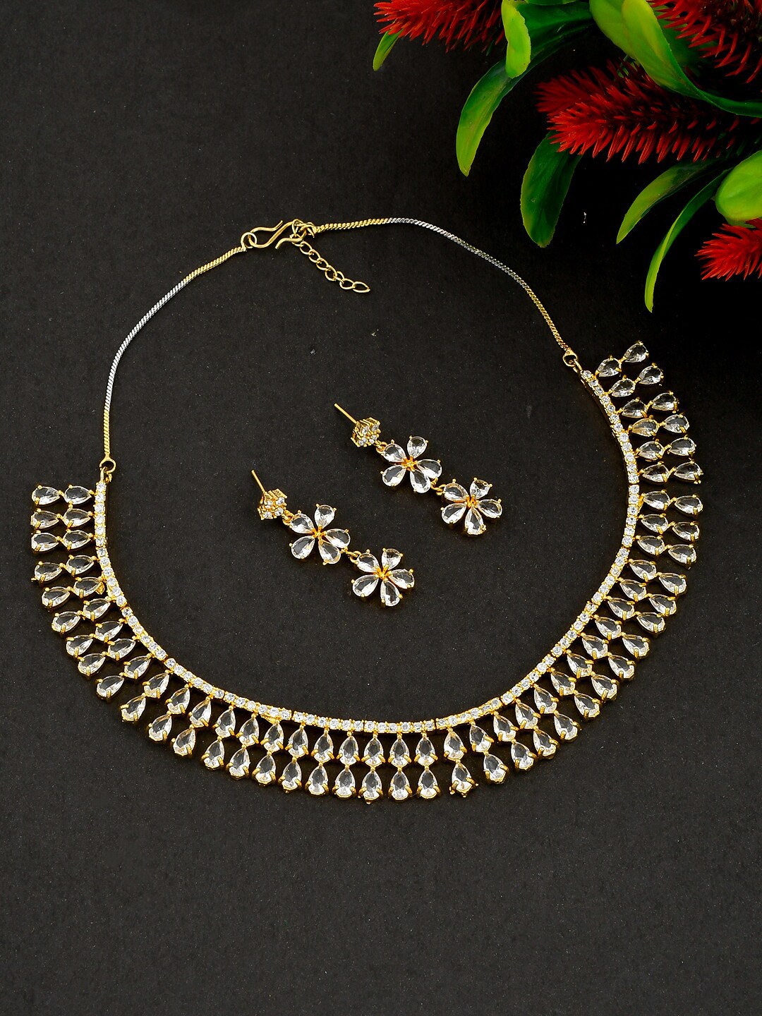 

Silvermerc Designs Women Gold-Plated & White AD Studded Jewellery Set