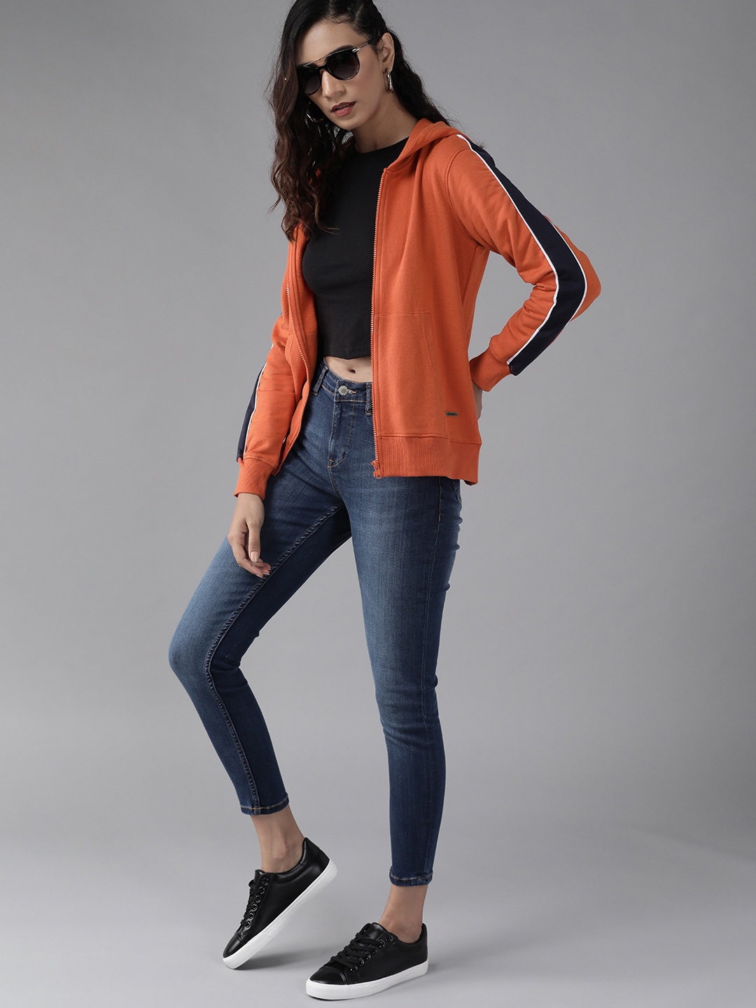 

Roadster Women Orange Solid Cotton Hooded Sweatshirt with Side Taping Detail