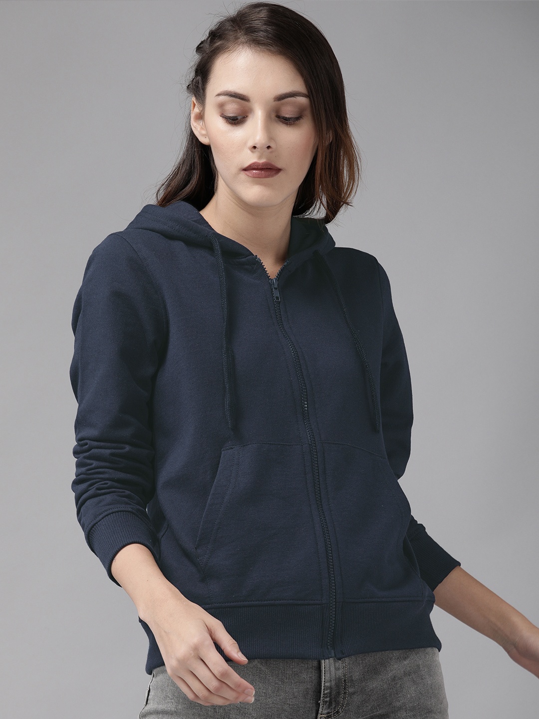 

Roadster Women Navy Blue Solid Hooded Front-Open Green Turn Sweatshirt